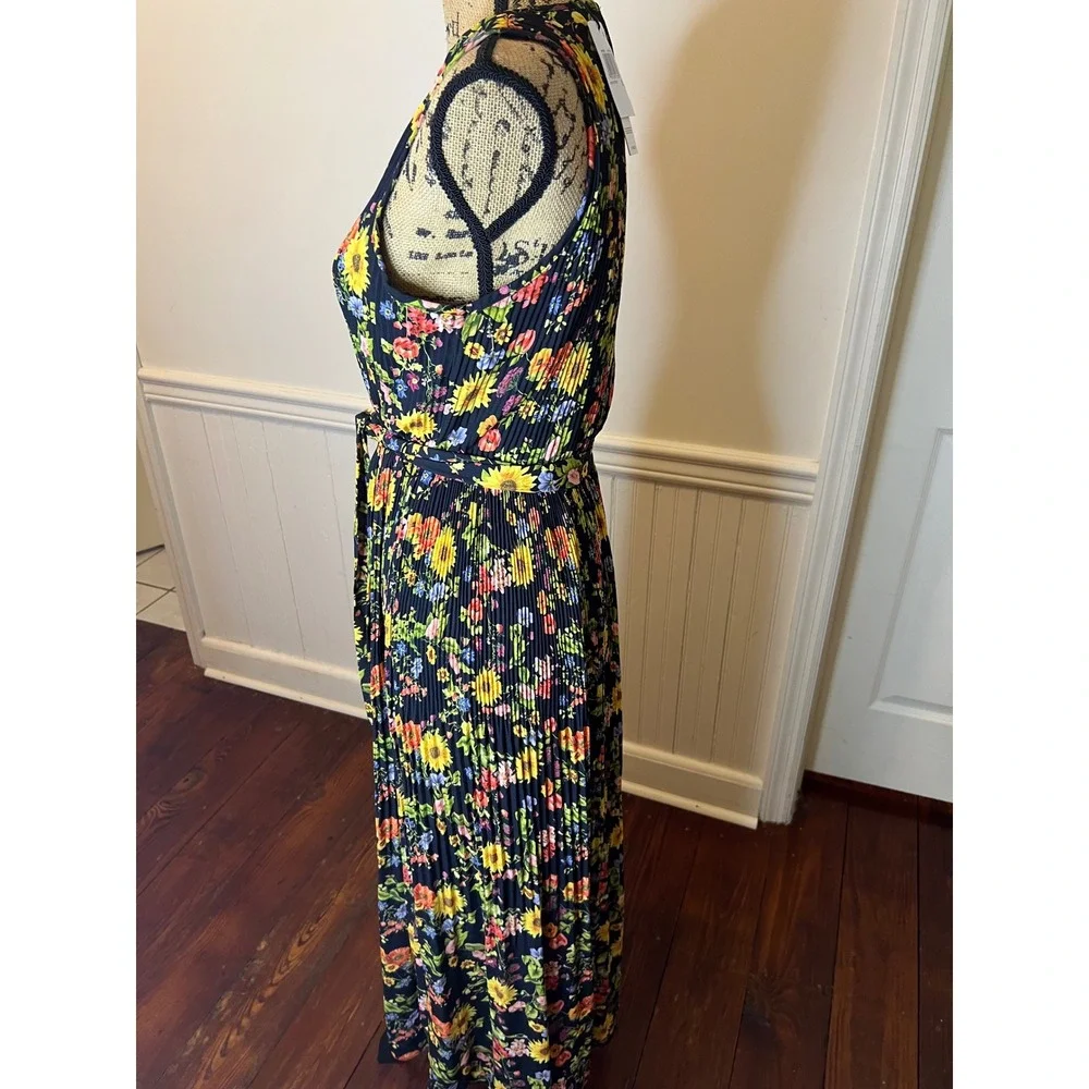 T Tahari sizeS Black Floral Print Pleated Midi Dress Sleeveless V Neck Tie Waist